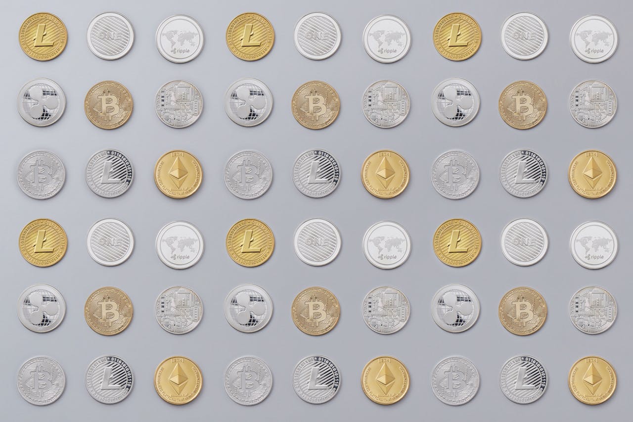 A seamless pattern of various cryptocurrency coins in gold and silver tones.